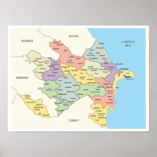 Detailed Map of Azerbaijan Regions Poster (Front)