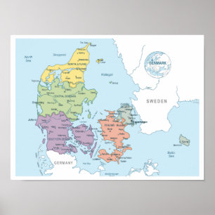 Detailed map of Denmark Poster