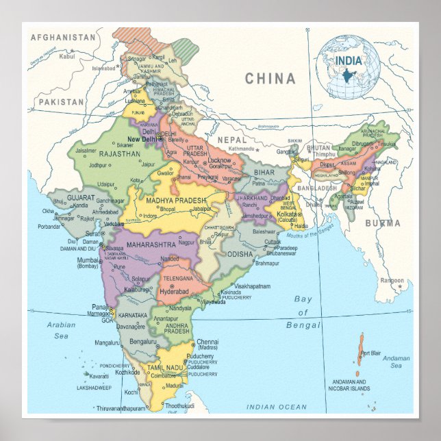 Detailed Map of India Poster (Front)