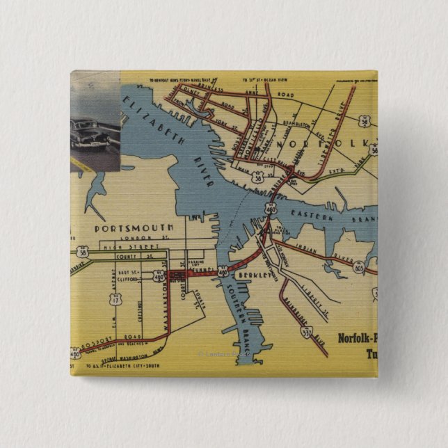 Detailed Map of Norfolk-Portsmouth Bridge Tunnel 15 Cm Square Badge (Front)