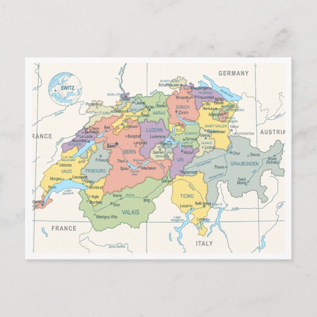 Detailed map of Switzerland Regions Postcard (Front)