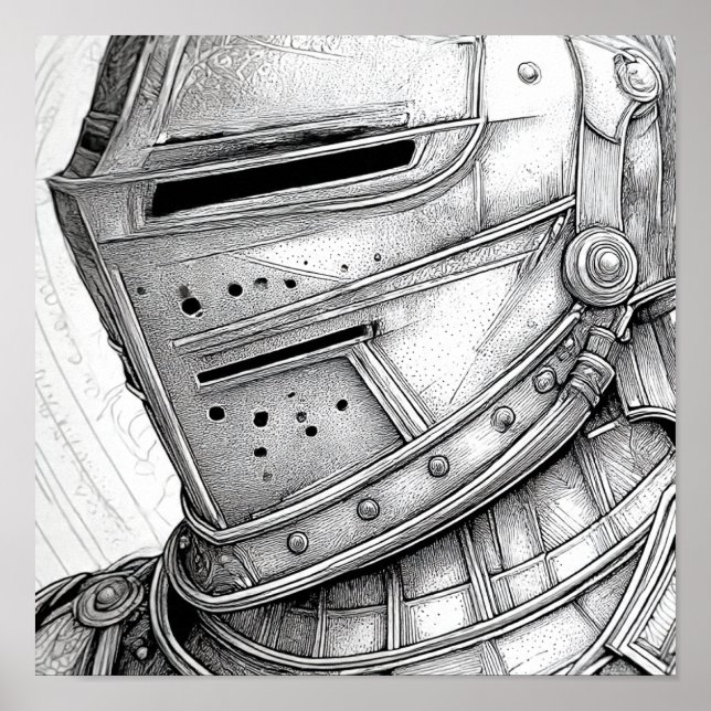 Detailed Mediaeval Knight Helmet Colouring Page Poster (Front)