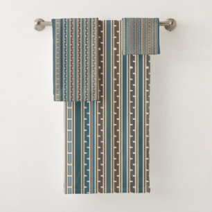 Detailed Multi Teal Tan Stripes Bath Towel Set