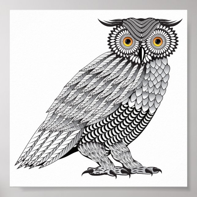 Detailed Owl illustration, vector line art Poster (Front)