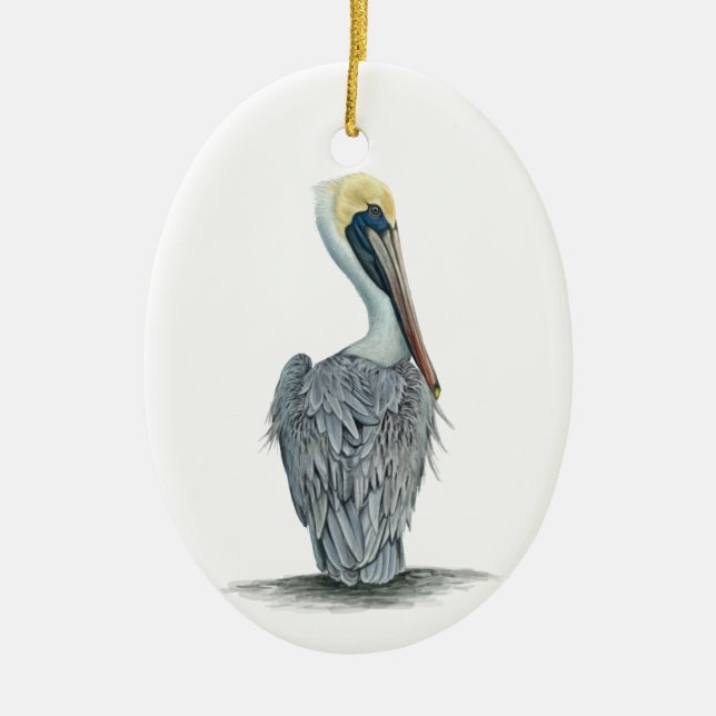 Detailed Painted Brown Pelican Ceramic Tree Decoration (Front)