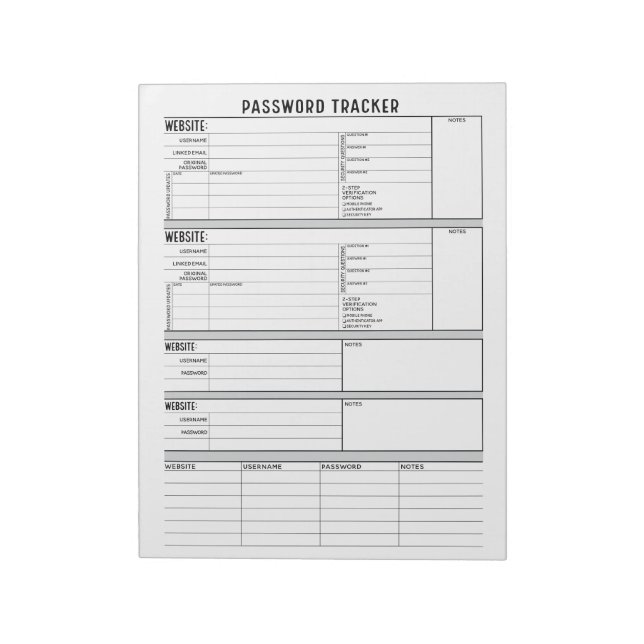 Detailed Password Tracker with 2-Step Verification Notepad (Rotated)