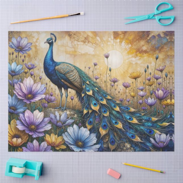 Detailed Peacock in Floral Landscape Tissue Paper (Craft)