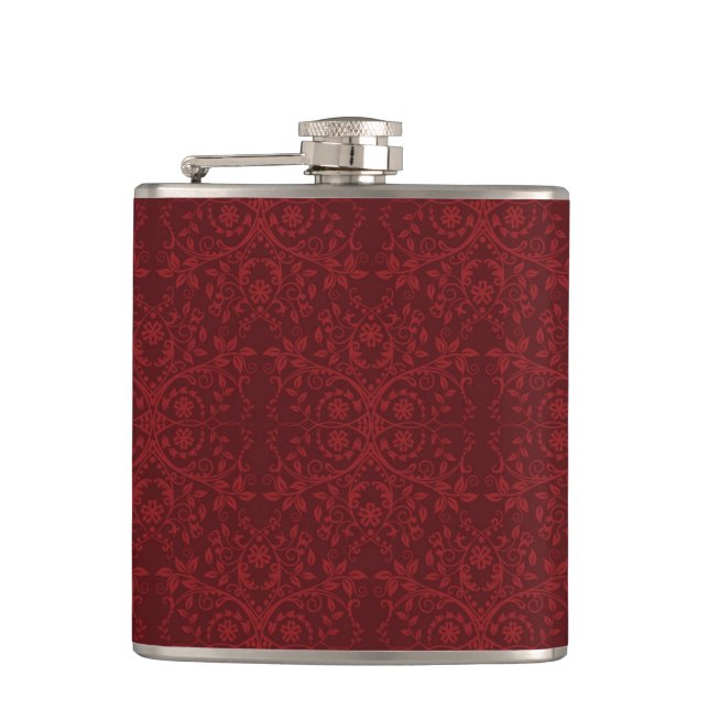 Detailed Red Floral Wallpaper Hip Flask (Front)