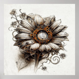   Detailed Steampunk Daisy Sketch in Pencil-Poster Poster