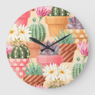 Detailed succulent, cactus seamless pattern. large clock