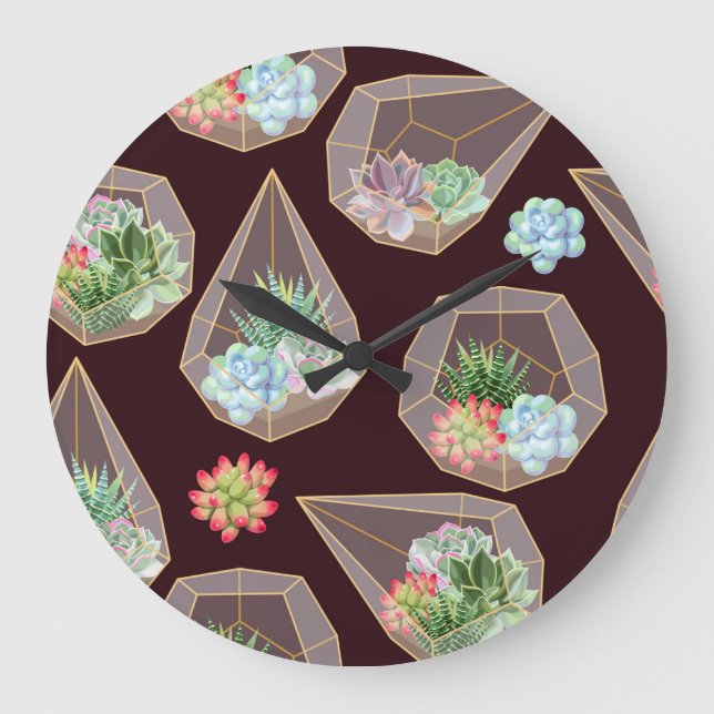Detailed Succulent Cactus Seamless Pattern Large Clock (Front)