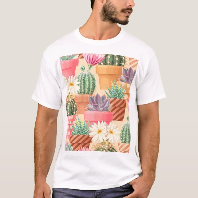 Detailed succulent, cactus seamless pattern. T-Shirt (Front)