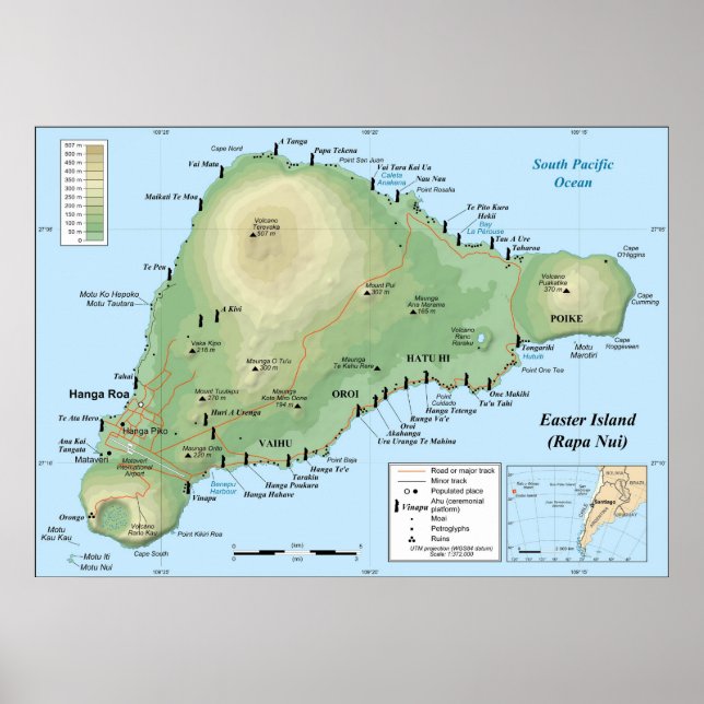 Detailed Topographic Map of Easter Island Poster (Front)