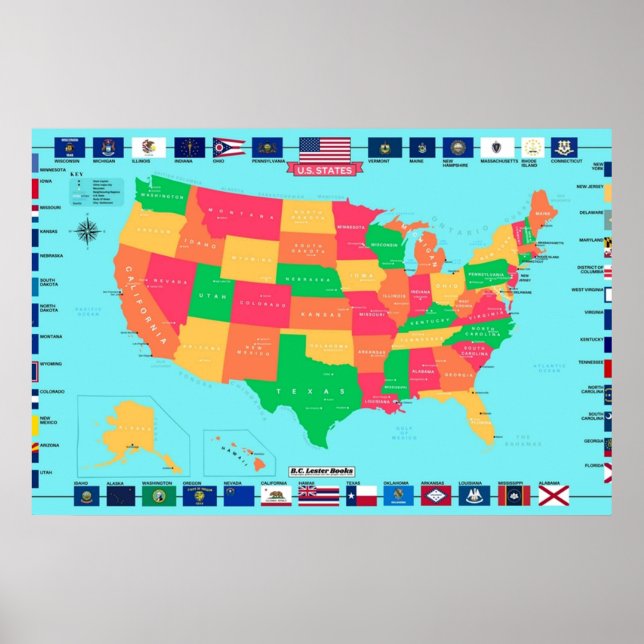 Detailed USA Map With State Flags Poster (Front)