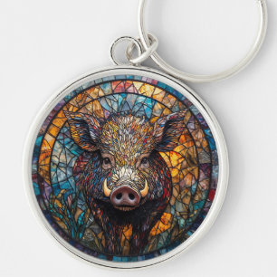 Detailed Wild Boar Stained Glass Artwork Key Ring