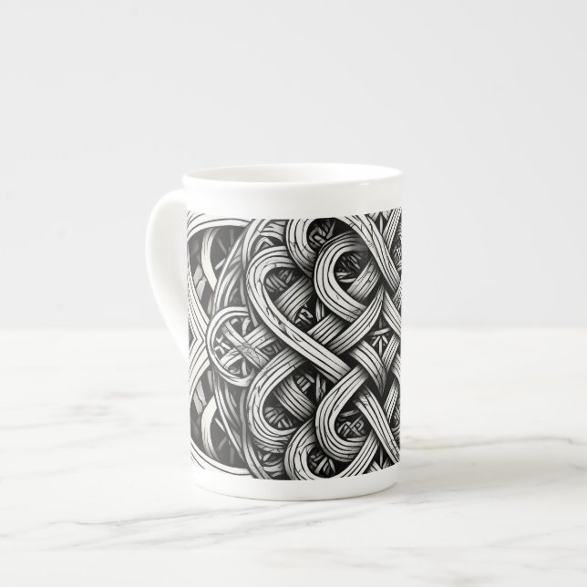 Detaillierte Schwarz-Weißer keltischer Knoten 0001 Bone China Mug (Front Left)