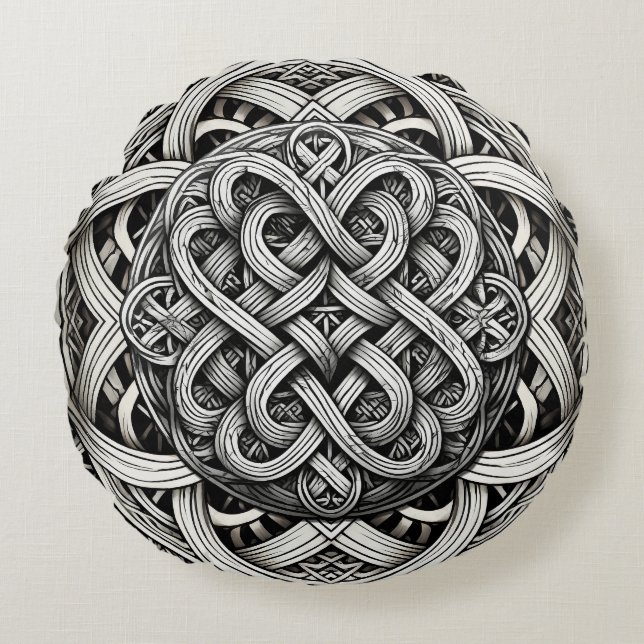 Detaillierte Schwarz-Weißer keltischer Knoten 0001 Round Cushion (Front)