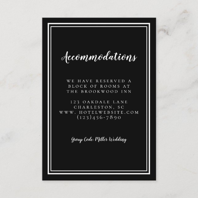 Details Accommodations Simple Black White Wedding Enclosure Card (Front)