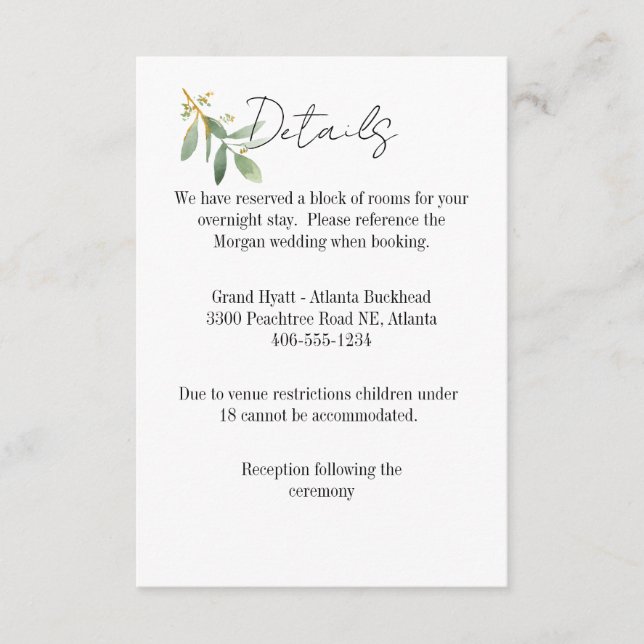 Details Card for any wedding Watercolor leaf (Front)