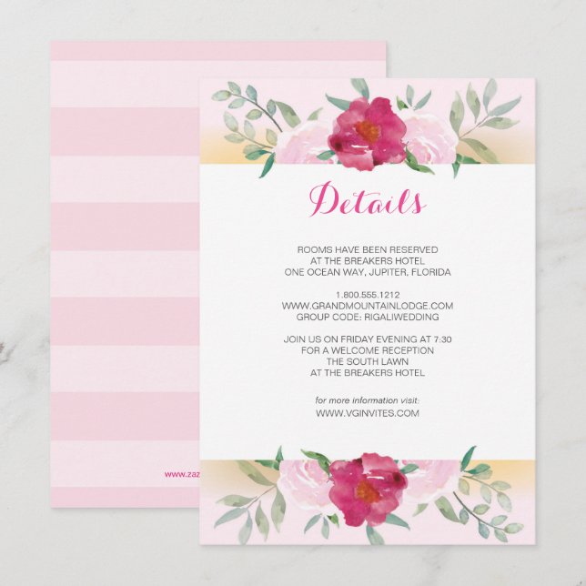 Details Card Pink Floral Wedding Invite Set (Front/Back)