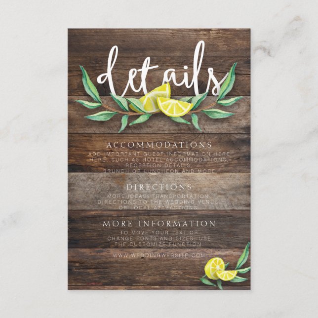 DETAILS CARD | Rustic Wood Lemon Wedding Insert (Front)