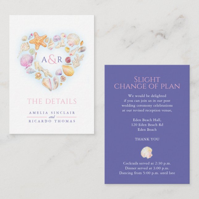 Details changes heart shells beach wedding enclosure card (Front/Back)