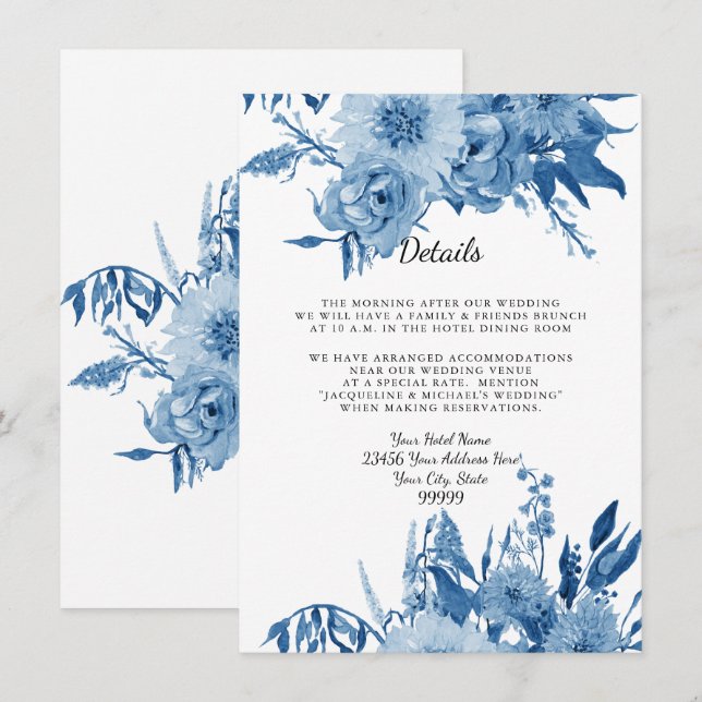 Details Hotel Accommodations Blue n White Floral Invitation (Front/Back)
