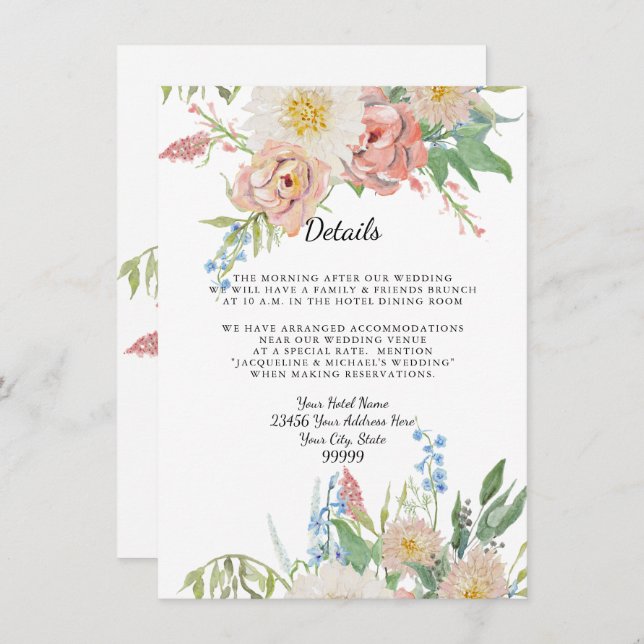 Details n Hotel Blush Pink Blue n White Floral Invitation (Front/Back)