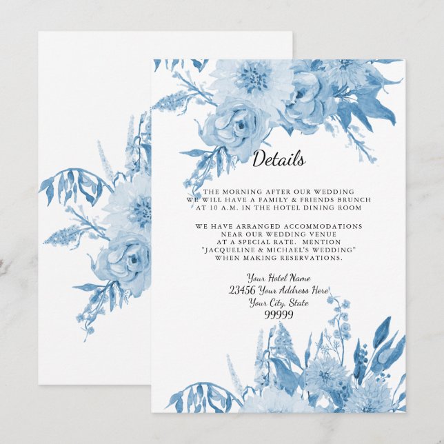 Details n Hotel Elegant Light Blue n White Floral Invitation (Front/Back)