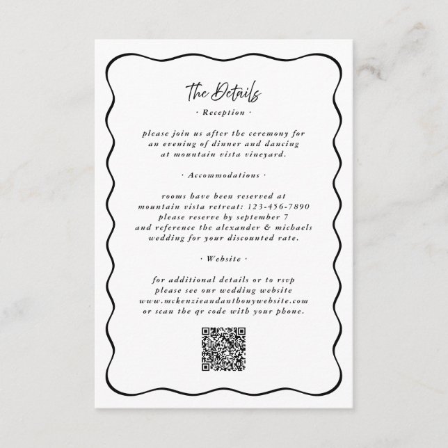 Details Wavy Border QR Code Wedding Black Enclosure Card (Front)