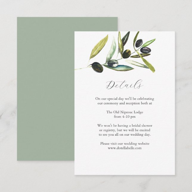 Details Wedding Enclosure Card Watercolor Olive  (Front/Back)