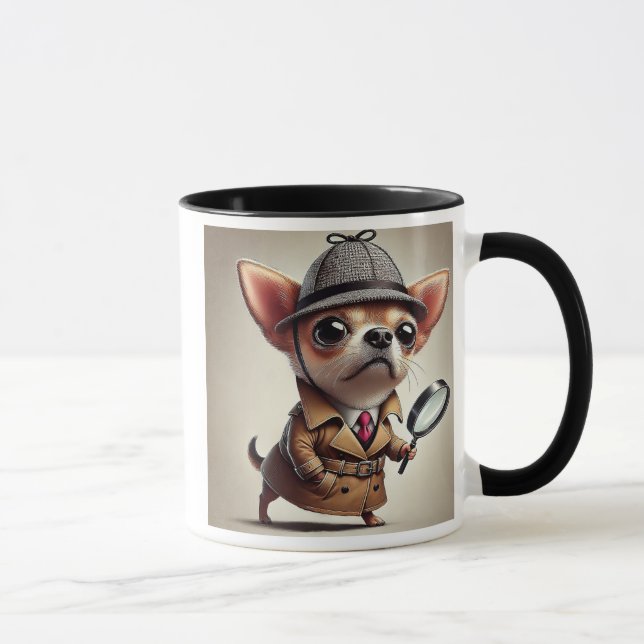 Detective chihuahua dog with a magnifying glass. mug (Right)