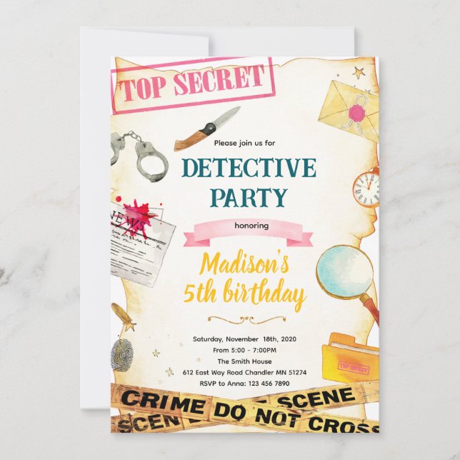 Detective girl party invitation  (Front)