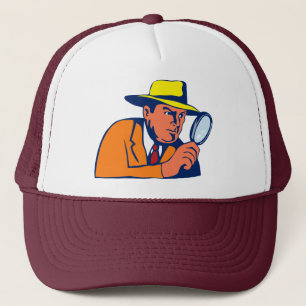 detective looking with magnifying glass trucker hat