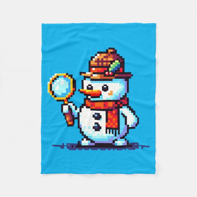 Detective Snowman - Funny Pixel Art Winter Mystery Fleece Blanket (Front)
