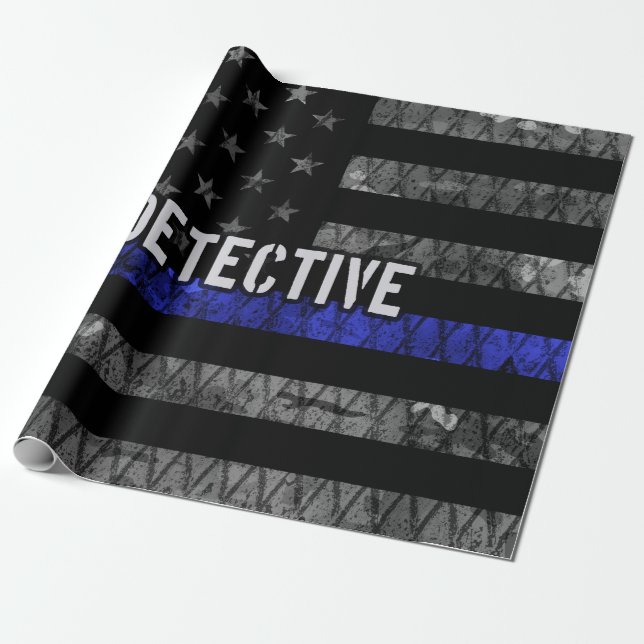 Detective Thin Blue Line Distressed Flag Wrapping Paper (Unrolled)