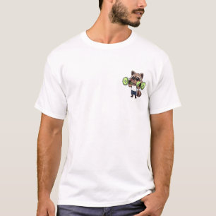 Determined Cartoon Raccoon Character Lifting Green T-Shirt