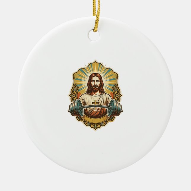 Determined Jesus Heavy Iron Barbell Powerlifting G Ceramic Tree Decoration (Front)