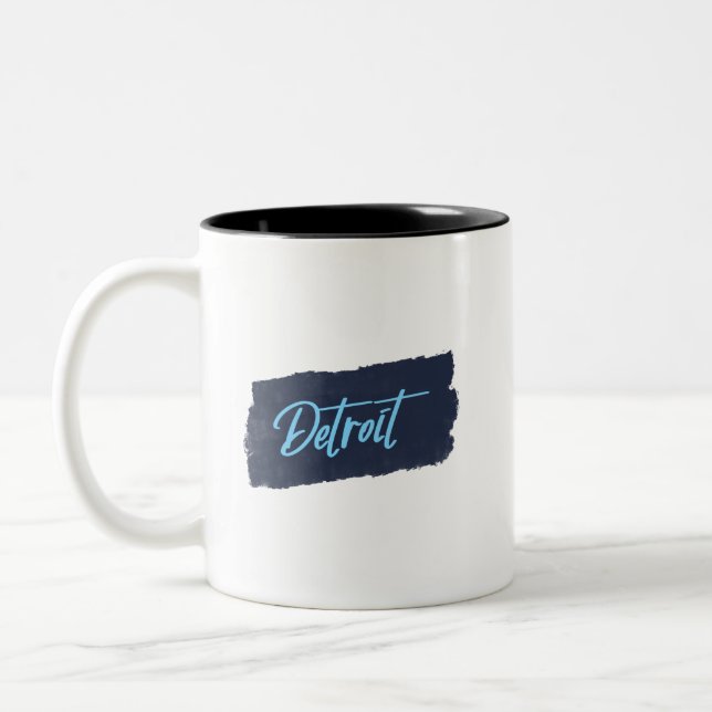 Detroit Handwritten Blue Typography  Two-Tone Coffee Mug (Left)