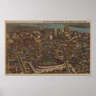 Detroit, MI - Aerial Briggs Baseball Stadium Poster