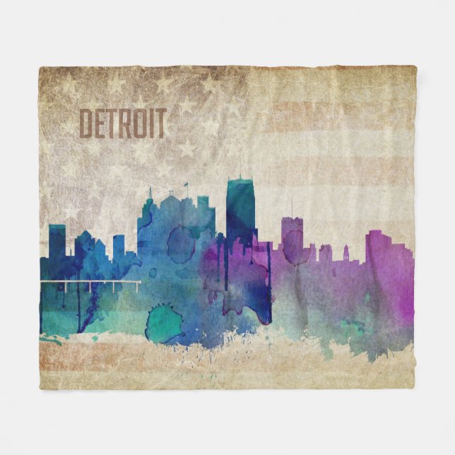 Detroit, MI | Watercolor City Skyline Fleece Blanket (Front (Horizontal))