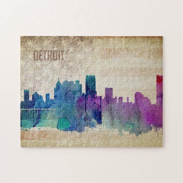 Detroit, MI | Watercolor City Skyline Jigsaw Puzzle (Horizontal)