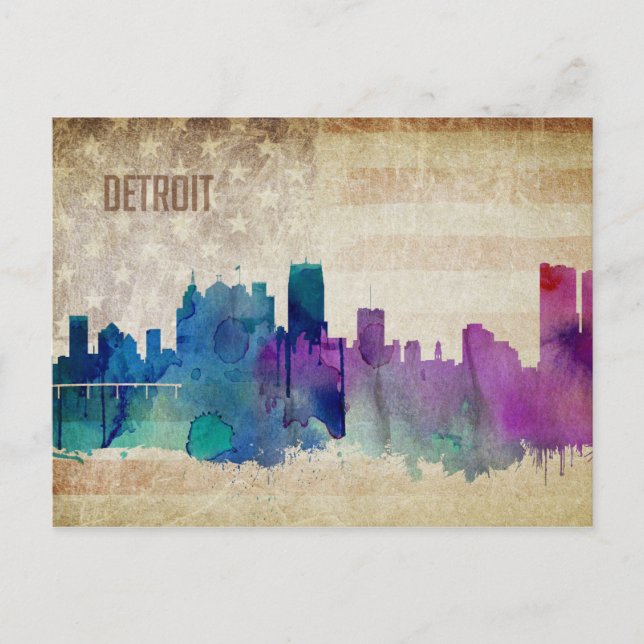 Detroit, MI | Watercolor City Skyline Postcard (Front)
