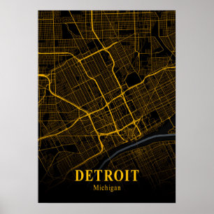 Detroit Michigan City Map Gold American Cities Map Poster