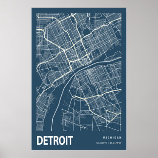 Detroit Michigan City Map Line Art Blue Print