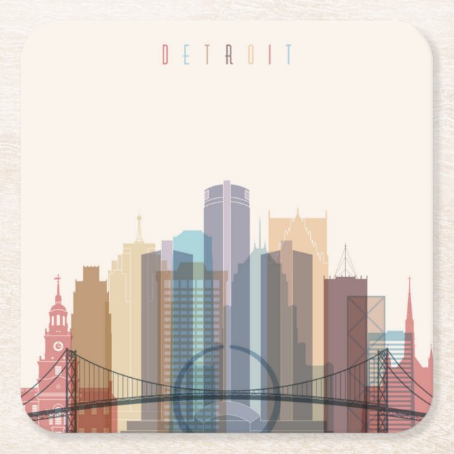 Detroit, Michigan | City Skyline Square Paper Coaster (Front)