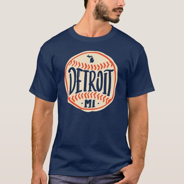 Detroit Michigan Hand-Drawn Baseball Typography T-Shirt (Front)