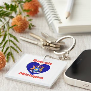 Detroit Michigan Heart Flag  Key Ring