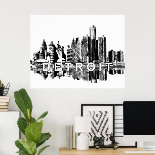 Detroit, Michigan in black ink Poster