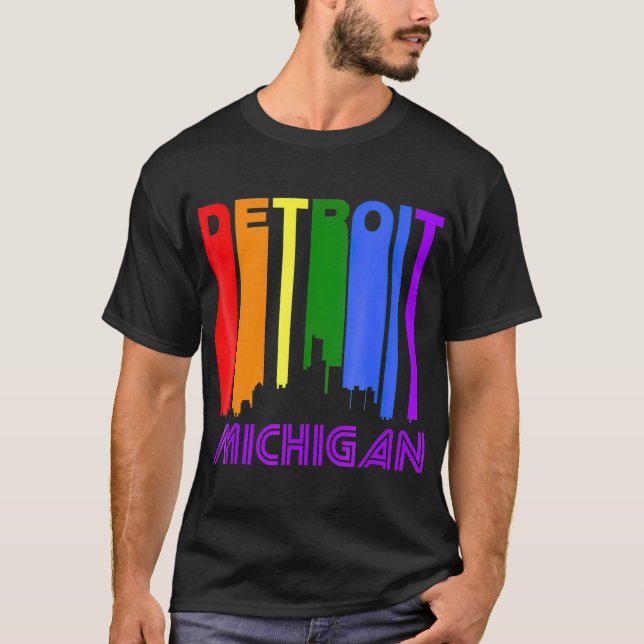 Detroit Michigan LGBTQ Gay Pride Rainbow Skyline T T-Shirt (Front)